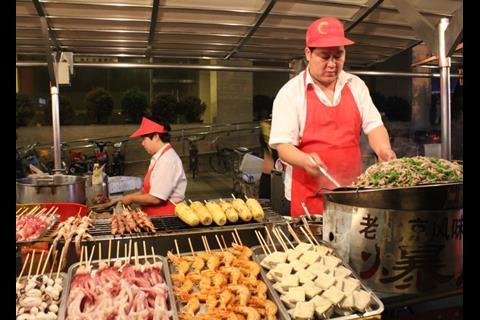 A seafood stall in Beijing tourist market.